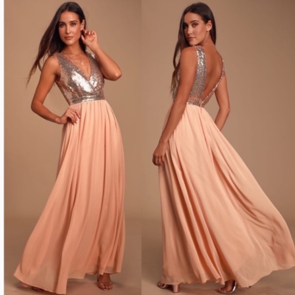 Lulu's Blush Peach Maxi Dress with Silver Sequin Bodice